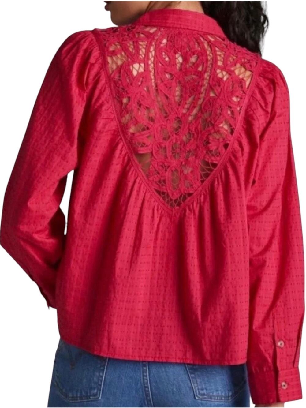 Pilcro Anthropologie Lace Back Shirt Blouse Swiss Dot Button Down Collared M